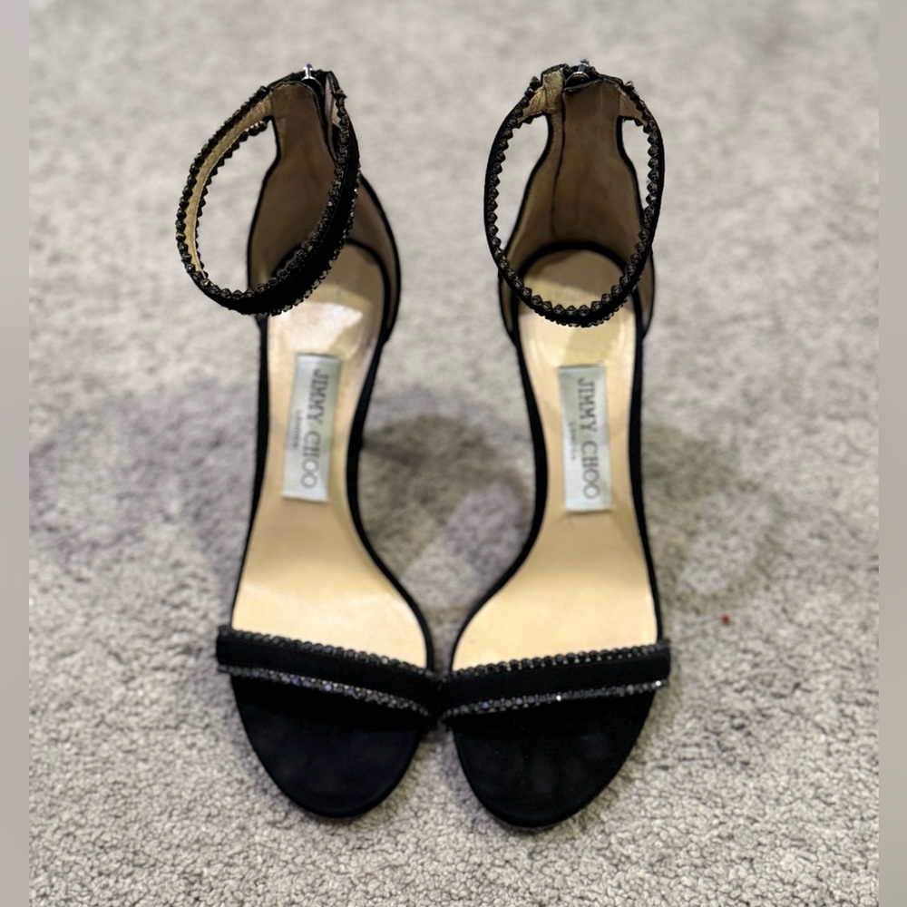 Jimmy Choo Black Ankle Strap Heels with Black Crystals